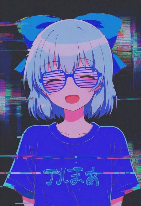 GLTST, Glitch, , 1girl, solo, open mouth, bow, shirt, hair bow, blue hair, short hair, blue bow, closed eyes, glitch, short sleeves, upper body, glasses, smile, t-shirt, facing viewer, blue shirt, clothes writing, alternate costume, ice, bangs