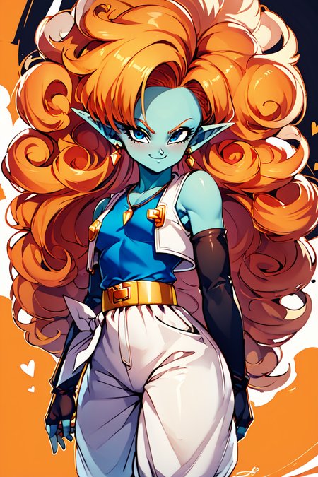 score_9, score_8_up, score_8, medium breasts, (curvy), cute, eyelashes,       BREAK, ,  zZangya, blue eyes, blue skin, pointy ears, orange hair, curly hair, long hair, big hair,  jewelry, necklace, detached sleeves, bare shoulders, vest, gloves, white baggy pants, <lora:Zangya_Dragonball_PDXL:0.8>, , BREAK, smile, looking at viewer, ,,, abstract background, white outline, cowboy shot, ,,, embedding:zPDXL, Expressiveh, ,,, <lora:CatalystStylePDXL:0.6>, <lora:SDXLFaeTastic2400:0.5>, <lora:Expressive_H-000001:0.4>,