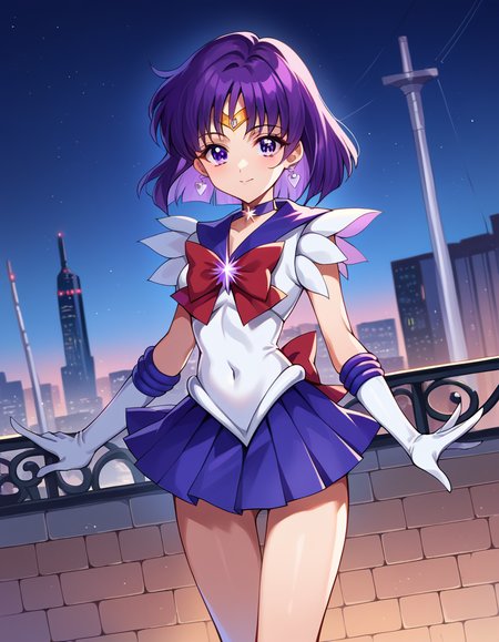score_9, score_8_up, score_7_up, source_anime,
sailorsaturn, <lora:sailor-saturn-ponyxl-lora-nochekaiser:1>
sailor saturn, purple eyes, short hair, purple hair, circlet,
brooch, choker, earrings, gloves, jewelry, magical girl, miniskirt, purple sailor collar, sailor collar, sailor senshi uniform, skirt, star choker, white gloves,
outdoors, cityscape,
looking at viewer, cowboy shot, dutch angle,