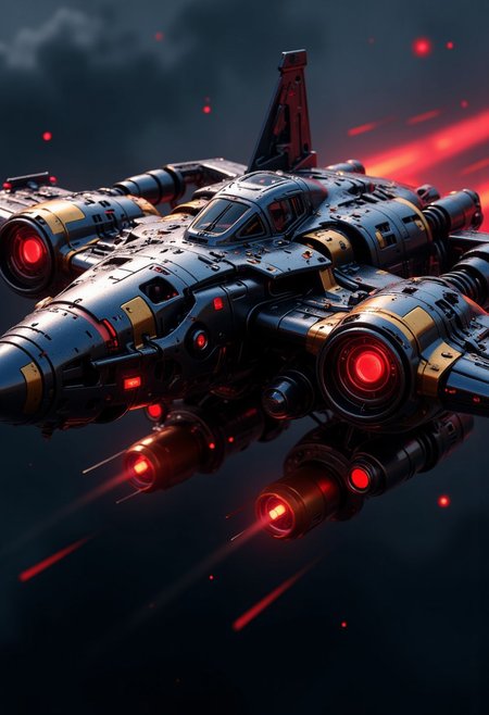 Inkpunk Anime, silhouette art, chiascuro, a_skynet_cyberdyne_systems_craft, the image is  featuring an armored futuristic fighter plane, adorned with intricate, metallic details, including bolts, wires, and mechanical components, giving it a highly advanced, industrial look, with glowing red diodes and LEDs, travelling at speed against an abstract dark background, viewed diagonally from the front, motion blur, in darkness