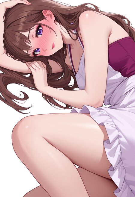 Smooth Quality,masterpiece,very intricate, high quality details, ultra realistic, high detailed skin,detailed enviorement,absurdres,
partially undressed, 
 <lora:Lishu_CNR:0.8> lishu_cnr,brown hair, long hair, purple eyes, makeup, lipstick,, simple background, white background, sideways,
lying on side, one arm supporting head, relaxed legs, soft smile, casual vibe,  ,full-face blush,, halter top, ,poncho,  ,apron skirt,  ,
