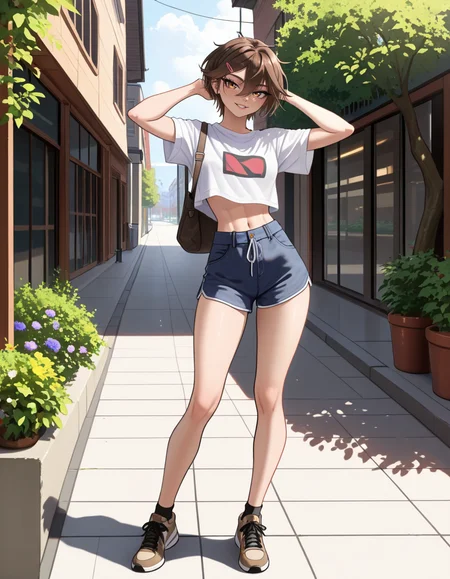 masterpiece, best quality, very aesthetic, absurdres,
outdoors, casual, 
full body, standing, posing, 
 seductive smile, parted lips, long eyelashes,
<lora:Sasha_v01_NAIXL:1>
S4sh4,1girl,solo,tomboy,short hair,brown hair,hairclip,hair between eyes,brown hair,bangs,