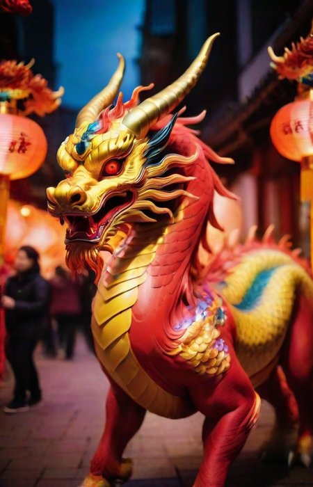 A vivid and ((multicolored Qilin), midnight, in a chinese red lantern festival street with people walking around), magnificent horns, vibrant feathers, majestic and legendary, captures attention with its vibrant hues, colorful high contrast, from china, festival of rich colors, hong kong, epic colors, formidable, rain, eyes lit, standing in the dark, anamorphic lens flares 4k, best of behance, holy flame crown spell, creative commons attribution, wallpaperflare, steven jung, trending on mentalray, hyper realstic, featured on pexels, big horn, highly beautiful, casting a magic spell, color overlay, ð, pr0f3ss10n4l <lora:QilinSDXL:1.00> <lora:sdxl_LCM_lora_rank1:1.15>
