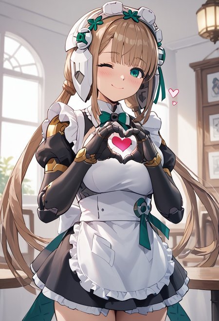 score_4,score_5,score_6,score_7_up,score_8_up,score_9 ((masterpiece,best quality,ultra detailed,highres,HD,4k:1.2)), 
1girl, solo,solo focus,girl focus,face focus,
robo girl,android,robot joints,
very long hair,brown hair,low twintails,bangs,green eyes,head gear,head ornament,helmet,large breasts,
((Maid outfit,Sleeveless, maid headband, frilly apron,Short sleeves, short skirt, thighs:1.1)),
inside the cafe, ((Make a heart symbol with both hands, heart with both hands,heart hands,heart symbol,heart,heart effect,)), 
blush,shy,smile,((wink,closed one eye)),