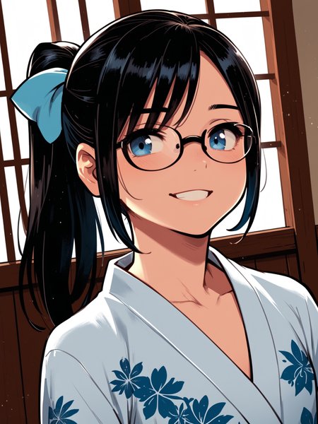 <lora:happy_tentacle-halloweengirl-v0.1-000045:1>, ht_halloweengirl, flat chest, black hair, blue eyes, yukata, ponytail, hair bow, glasses , indoors, 1girl, solo, portrait , , ( smile :1), , looking away , standing , facing viewer , score_9, score_8_up, score_7_up, score_6_up, score_5_up, score_4_up