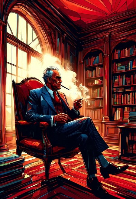 a grim faced elderly man in a three piece suit sits on a chesterfield chair smoking a large cigar with a glass of brandy, gentleman's club, library, red leather, wood paneling, high windows, solo. alone, extreme close up, portrait, dramatic shadow evocative analog film noise,