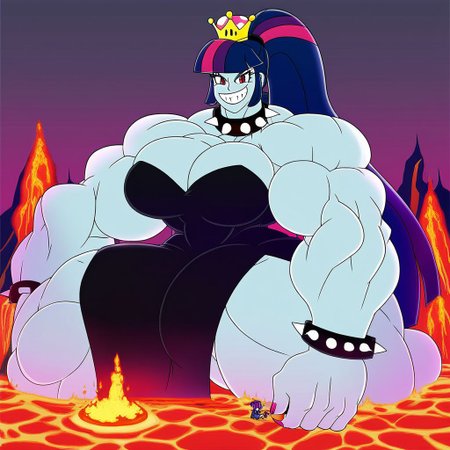 Twilight Sparkle, Equestria Girls, Red Eyes, poseMega, 1girl, breasts, super crown, collar, large breasts, bracelet, crown, ponytail, long hair, smile, jewelry, teeth, nail polish, grin, black_dress, leaning_forward, shirtMega, poseMega, big muscle,large muscle,hyper muscle,huge muscle,thick limbs,thick thighs,thick arms, full body, monster muscles, giantess, sitting, throne, FIRE, CITY, CREEPY, LAVA, VOLCANO, CASTLE