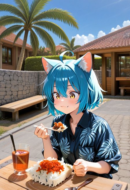 masterpiece, general, best quality, amazing quality, very aesthetic, ultra-detailed, absurdres, highres, 1girl, solo, short hair, royalblue hair, cat ears, ahoge, hair between eyes, yellow eyes, :3, fang, palm tree print aloha shirt, uchinaa_meshi, food, taco rice, (plastic containaer), eating, spoon, outdoors, day, table, Okiwajaa, concrete pier, retaining wall, stone wall, house, palm tree, sanpincha, glass, bench,