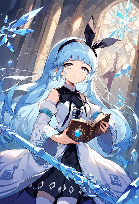 score_9,score_8_up,score_7_up,source_anime,zPDXL3,fantasy,castle,architecture,upper body, 
*//*,<lora:ArchMageIL_Pony:1>,archmage_il,1girl,solo,blue hair,long hair,blunt bangs,grey eyes,detached sleeves,white sleeves,white thighhighs,white dress,long sleeves,wide sleeves,bare shoulders,black ribbon,black hairband,black bow,magic,open book,staff,holding staff,crystal,floating object,light smile,
*//*,looking at viewer,cowboy shot,dutch angle,