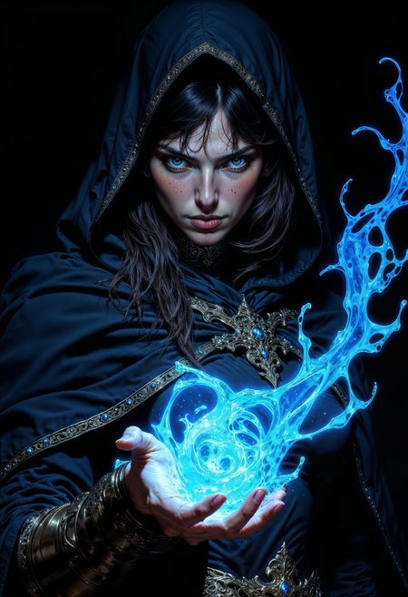 a woman with striking, intense facial features and fair skin. Her dark hair flows around her face, and her piercing eyes are highlighted by the dramatic lighting. She is dressed in a dark, hooded garment with a gold clasp, exuding a sense of mystery and power. The focal point of the image is the swirling, luminescent blue water-like energy emanating from her outstretched hand, creating a dynamic and magical atmosphere. The background is dark, enhancing the contrast and vibrancy of the blue energy, which appears almost liquid in its fluid motion. The overall composition is centered, with the subject's gaze directly engaging the viewer, adding to the intensity and allure of the scene. <lora:FluxMythV2:0.6> <lora:ck-painterly-fantasy:0.6> <lora:flux.1_lora_flyway_Epic-detail_v2:0.5> <lora:RetroAnimeFluxV1:0.7>