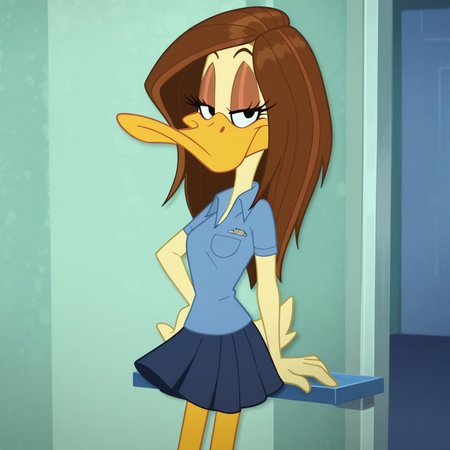 masterpiece, best quality, amazing quality, BREAK,
screencap, <lora:Tina_russo_Illustrious:0.9> tina russo, furry female, duck, beak, nostrils, light yellow fur, brown hair, eyeshadow, half-closed eyes, black eyes, duck legs, blue collar shirt, dark blue skirt, looking at viewer, seductive smile