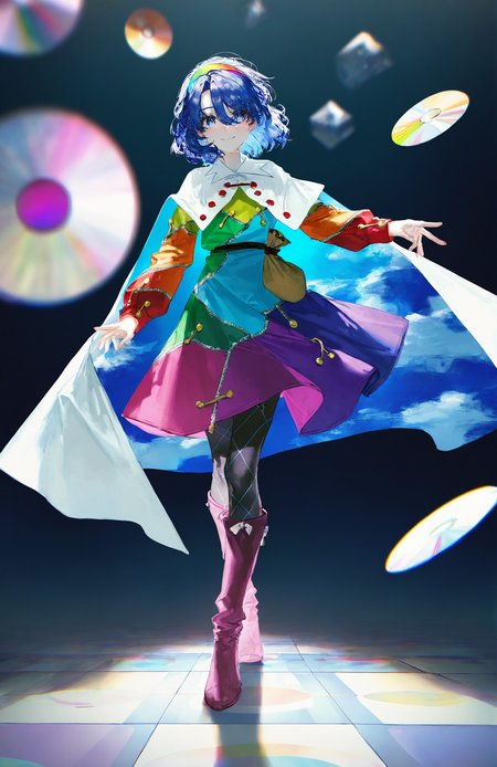 tenkyuu_chimata, 1girl ,rella, quasarcake:0.7, rolua, optical illusion, negative space, saturday_night_fever,blue_hair, breasts, cape, hairband , looking_at_viewer ,multicolored_hairband, pantyhose, purple_eyes ,short_hair ,smile, solo, sweat ,white_cape, disc,  disco,CDs,  dance_floor, dancing,wide shot,
<lora:illustrious_noobai_epsilon_pred_1_best_quality_v1:0.7> ,<lora:illustrious_noobai_epsilon_pred_1_masterpieces_v1:0.7>, <lora:ponyv4_noob1_2_adamW:0.5>, <lora:add_details_xl:0.7>, <lora:CDs_SDXL:1>,
masterpiece, best quality, amazing quality, very aesthetic, absurdres, newest,