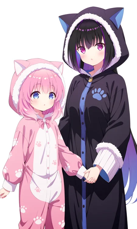 masterpiece, best quality, zzhaizakura, zzKarasuba, siblings, multiple girls, 2girls, pink hair, hood, multcolored hair, white background, blue eyes, long hair, simple background, animal ears, animal hood, parted lips, holding hands, blush, purple eyes, looking at viewer, bangs, interlocked fingers, long sleeves, height difference, purple hair, hood up, age difference, fake animal ears, pajamas, :o, black hair, cat ears, virtual youtuber, fur trim, very long hair, standing, cat hood, puffy sleeves, 