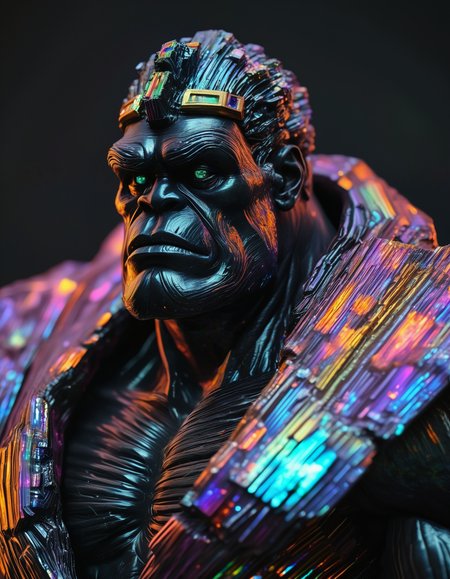 holographic bismuth crystal hulk, wearing black oil slick robes with fine details, dark background, embers, volcanic rock, cinematic lighting