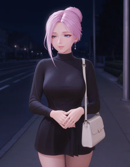 turtleneck, shoulder bag, night, street, standing, cowboy shot, love gaze, parted lips, light smile  <lora:Elise_vvp_lcd_v0.4:1> elivevvplcd, blue eyes, asymmetrical hair, hair bun, earrings, 
masterpiece, best quality, amazing quality,
