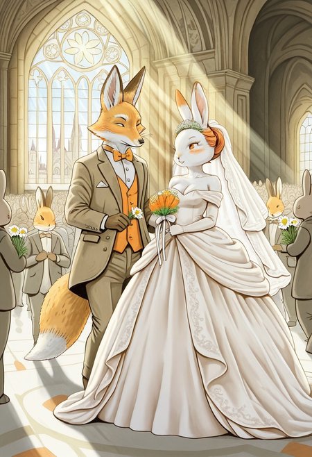 Bpstyle, 1girl, 1man, (1man, rabbit male wearing suit and bowtie, white fur), (1girl, female fox wearing bride gown and holding flowers, orange and white fur, updo), indoors, cathedral, interspecies crowd attending, sun rays through colored windows,
