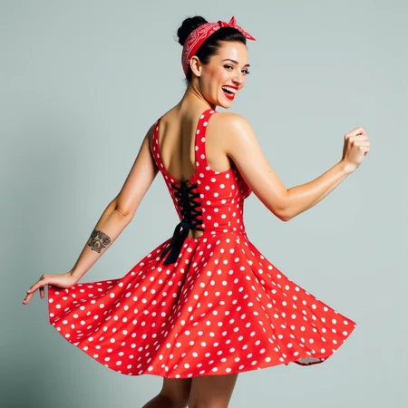 Ultra realistic, ultra detailed textures,Ultra realistic, ultra detailed textures, cinematic, cinematic lighting, a woman in mid-motion, twirling in a playful manner against a plain, light grey background. She is dressed in a vibrant red, polka-dotted dress with white polka dots, reminiscent of a classic 1950s style. The dress features a fitted bodice with a black ribbon lacing up the back, which adds a touch of retro elegance. The skirt of the dress is full and flared, creating a dramatic effect as it twirls around her legs.
The woman has a light skin tone and appears to be of Caucasian descent. She has a slender build with a medium-sized bust. Her hair is tied back in a tight bun, secured with a red bandana featuring a white paisley pattern. She is smiling broadly, exuding a sense of joy and carefree energy.
Her left arm is raised slightly, adding to the sense of motion. A small tattoo is visible on her left forearm, adding a touch of personalization to her appearance. The photograph is well-lit, with soft shadows that highlight the texture of the dress and the playfulness of the pose. The overall style is playful and nostalgic, capturing the essence of vintage fashion and movement.<lora:rockabilly8x:0.9> r0ckb1ll1v2, r0ckb1ll1