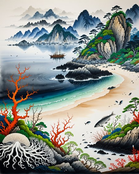Creator Landscape, 
(style ofI-Hsiung Ju (Chinese ink oceans)), 
peacock worm filtering, Temperate kelp forest shoreline, cuttlefish bones, AcademicLandscape/seascapes_objects, 
<lora:extremely_detailed:0.8> extremely detailed,
<lora:add-detail-xl:0.3>,
<lora:dreamshaperXL10_lora:0.3>
detailxl,
advntr,