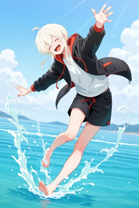 <lora:RIDKEW-IL:0.9>, evelogia, white hair, red eyes, ahoge,1boy,solo, splashing,shorts,hood,closed eyes,open mouth,smile,full body,bara,male focus,very awa,masterpiece,best quality,amazing quality,nsfw,uncersored,highres,best quality,amazing quality,best aesthetic,absurdres,