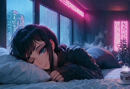 score_9,score_8_up,score_7_up,score_6_up, 1girl, 
 sitting in bed next to a large window, holding coffee cup, steaming coffee cup on windowsill, wearing croptop hoodie, black croptop hoodie, long hair, black hair, low ponytail hairstyle, pov from outside, view from putside the window looking into the room, looking out window, head resting on pillow laying on the bed, hoodie, plants on the windowsill, looking out the window, looking at viewer, background is the bedroom, tidy bedrrom, small room, cramped bedroom, teddies on the bed,, wearing legging, see through thights, black tights, cyberpunk city view out of the window, raining outside, heavy rain outside, neon light, purple neon lights, cat on the bed, pet cat in the room, pet cat sleeping on the bed