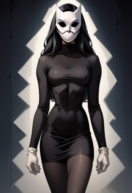 fr0nt1nn0c3ntStyl3, Style: Front Innocent,score, score_9, score_8_up, score_7_up, score_6_up, _5_up, score_4_up, source_anime, (masterpiece), high quality, 4k, Artist style: Bruce Timm, DCAU, DC comics, Western Comics, masked_woman, m4skedw0m4n, BREAK, 1woman, Calendar_Girl, (Page Monroe), long hair, black hair, skintight clothing, long-sleeved dress, black dress, black tights, petite, (white mask), (mask:1.6), (monochromatic outfit), gloves, (black eyes:1.5), (no eyes:1.4)