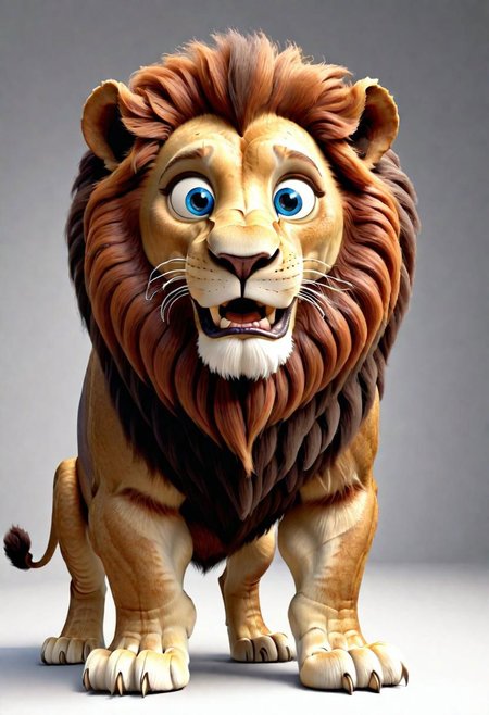 3d,art by pixar,cartoon, a fleshmutant cute lion with big brown mane and blue eyes