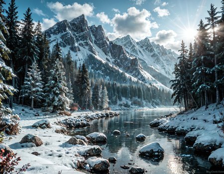 score_9, score_8_up, score_7_up, realistic, photorealistic, fantasy, medieval, dnd, scenery, a little island in a lake, covered in snow, in a peaceful glacial lake, trees on the island, dawn, pinkish hues on the landscape, Icy, Cold touch, peaceful atmosphere, Ground view, Sense of foreboding, light rays, exotic flora, fantastic animals, god rays, <lora:GodRays:0.8>, extremely detailed, hyperdetailed art, high resolution, highly detailed, masterpiece, <lora:cfg_scale_boost:0.7>