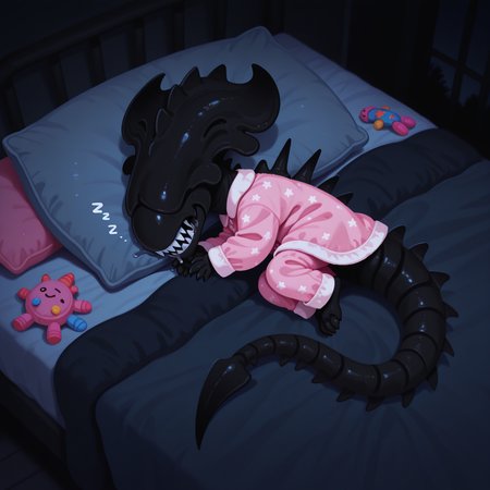 masterpiece, best quality, amazing quality, very aesthetic, absurdres, newest, pikaole, cute, chibi, (solo), xenif, teeth, sharp teeth, tail, no humans, monster, colored skin, black skin, claws, spikes, fluffy (pink pajamas), sleeping in bed, (curled up), colored pillows, under blue blanket, drool, toys, from above, dutch angle, night, dark, <lora:XenomorphQueenIL:1> <lora:pikaole:1>