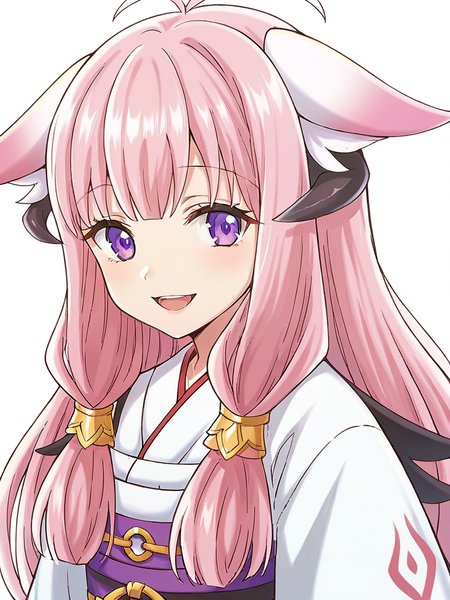 score_9, score_8_up, score_7_up,  
1girl, hina rf, long hair, pink hair, purple eyes, low-tied sidelocks, horns, fox ears, close-up, face, white background, smile, open mouth, looking at viewer,
japanese clothes, white shirt,
