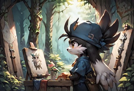 score_9, score_8_up, score_7_up, score_6_up, score_5_up, score_4_up, <lora:Klonoa_Character_PonyXL:0.8> ,  Klonoa, two long ears, fur, anthro, Klonoa, g5, rich colors, forest operations, forest, thicket, communal appearance , presents a painting of rabbits and pony, aroused, front view, detailed background, detailed, 8k quality, side view, beautiful, teasing, easel and brushes, leaned to the floor, freely actions, dress,