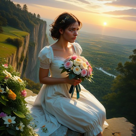 score_9, score_8_up, score_7_up,  source_photo, 8k skin textures,,high_quality_photography, source_photo, highly_detailed, very_aesthetic, beautiful, realistic,pretty woman,sitting on a cliff,above ocean,sunset,crying,holding valentine,bouquet of flowers thrown on the ground, man walking away in background,zPDXL2