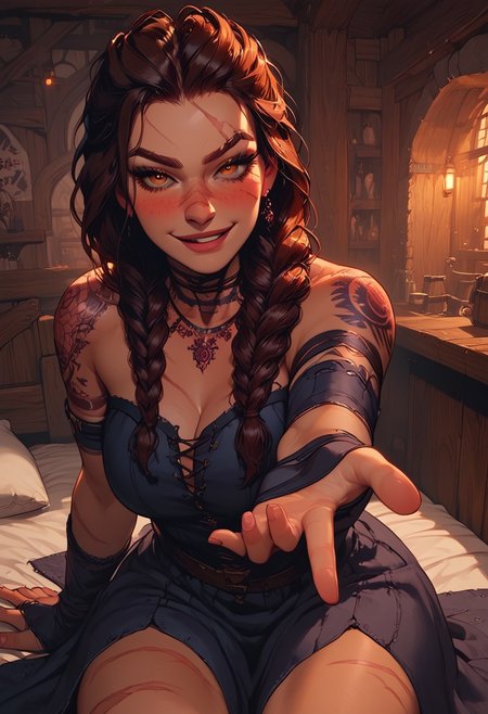 Score_9, Score8_up, Score_7_up, (((High Resolution, Best Quality))), 
1girl, beautiful face, lean muscle, muscle mass, warpaint, detailed eyes, braided ponytail, medieval clothing, arm straps, bridal gloves, large breasts, many scars, wide hips, toned, tattoo, jewelry, beautiful lights, 
Hand over crotch, smirk, confident, drunk, 
legs spread, blushing, beckoning, reaching towards viewer,
inside, tavern bedroom, sitting on bed, pillows, fur blanket, dynamic pose, dynamic angle,