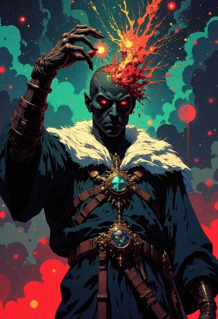 This high-quality digital artwork depicts a faceless god, holding up his hand to his face, holding the universe in his palm, getting ready to destroy all that it's birthed and created in one quick motion. The god has is has no face. Instead, where the gods face would be is a smooth, featureless, black surface, consumed by darkness with a swarm of beautiful stars scattered. The faceless god is clothed in an elegantly designed, dark, lightly  armored robe, with a white fur collar, that covers the spirits torso and arms. The background features a universe with colorful twinkling stars. The camera angle is leveled, looking at the faceless god, emphasizing it's gut wrenching situation. The depth of field is wide, keeping everything in sharp focus, highlighting every magnificent detail. The overall aesthetic quality is very high, showcasing excellent use of lighting and composition. CAICO