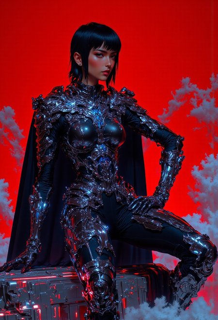 A hyper-detailed, full-body digital illustration in Cucoloris style features a 25-year-old woman with a strong masculine jawline and a semi-transparent, blue-tinted glass body that refracts light into mesmerizing, kaleidoscopic patterns. She confidently sits atop a futuristic anti-gravity control module, its sleek chrome panels integrated with glowing neon-blue circuits pulsing with energy. Her sharp black hair, styled in a precise French bob with neat bangs, frames her bold features: piercing black eyes with dramatic black and electric blue eyeliner, long lashes, a delicate silver nose ring, and glossy red lips that add vivid contrast. She wears a metallic silver breastplate engraved with intricate designs over a fitted black bodysuit glowing with illuminated seams. A high-collared holographic cape cascades from her shoulders, reflecting shifting, prismatic hues. Chrome vambraces with neon accents adorn her forearms, while a vibrant LED-embedded sash resembling a Roman cingulum cinches her waist above reinforced black leggings. Futuristic gladiator-style boots with angular designs, chunky soles, and neon-lit details complete her look. The crimson red background, filled with stark, fluffy white clouds, contrasts sharply with her radiant form. Cucoloris lighting casts dappled shadows across the scene, blending urban futurism with timeless warrior elegance for a surreal, cinematic effect.