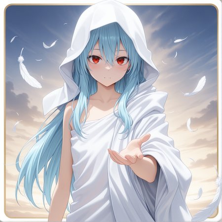 masterpiece, amazing quality, colorful, <lora:raphael-v1-000009:1> ts-raphael, 1other, white hooded_robe, right bare shoulders, red eyes, falling feathers, androgynous, reaching towards viewer, (aged up:0.5), upper body, card \(medium\),