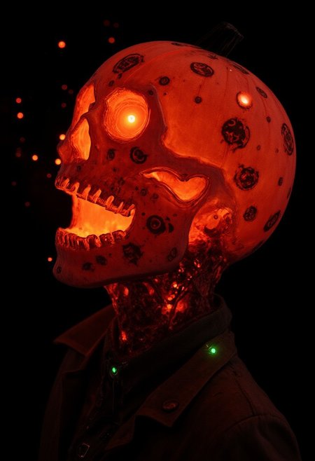 Realistic Pumpkin head glowing Pale orange from within, flat color two-toned in translucent deep Red and black hues, cinematic lighting, insane details, hyperrealistic extreme close-up macro photography, 64-megapixel DSLR. A vibrant, action-packed anime scene in a sketch-like style with thick, bold lines. The focus is a close-up of a charming translucent necromancer’s Pumpkin head, engraved with glowing dark symbols that blend medieval magic and futuristic sci-fi. His hollow carved eye sockets blaze with neon-turqoise-green flames, while his cracked pumpkin structure reflects the Low Key Bleaked hues of the environment. High collar Military parka,
Small, illuminated circular lights float around his skull, giving him an ethereal, mysterious aura. The glowing runes on his head pulse with energy, radiating a dark power. Atmospheric haze surrounds the scene, heightening the contrast between the deep blacks of the background and the vibrant white lights. The intense aura swirling around him feels ready to explode with necromantic energy, creating a striking visual of raw emotion and supernatural power in this eerie, sci-fi fantasy setting.