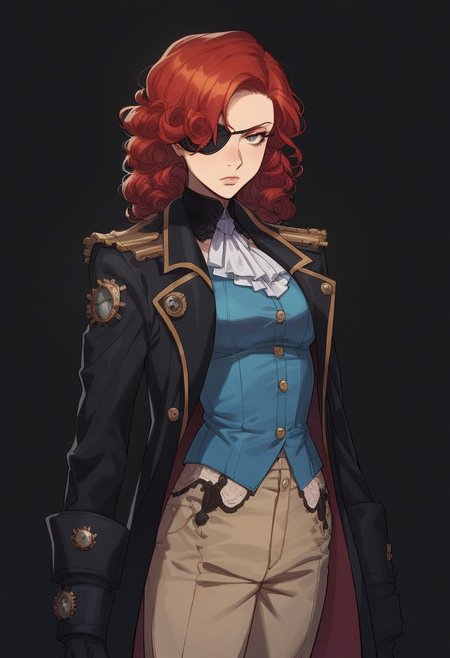 score_9, score_8_up, score_7_up, women, simple background, black background, human, official state dark blue clothing, long black coat, steampunk outfit, solo, standing up straight, serious face, a patch over his eye, red hair, аfro shoulder-length curls, pants, young,  steampunk detective clothes