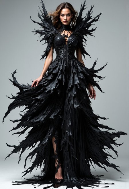 **Fashion photograph of a woman wearing a melting black dress. The Fabric of the dress is liquidizing and slowly melting off her body. Dynamic pose. Modern, conceptual fashion. The Woman is looking at the camera. Confident and fierce. Melting wax like effect on dress. Black dress is detailed, intricate and elaborate. Thin rivulets of melting fabric drip onto the ground at her feet. Editorial, Vogue, avante garde. If melting tar could be spun into a dress. Beautiful. Ultra detailed. Photo realistic**