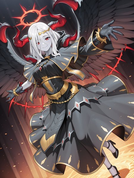 fallen angel, condemned darklord, 1girl, solo, white skin, looking at viewer, smile, outstretched arms, red halo, gold circlet, black gloves, black feathered wings, black dress, black capelet, dutch angle, black high heels,
masterpiece,best quality,amazing quality,very aesthetic,absurdres,newest,<lora:Condemned Darklord illuXL v1.1:0.75>,
