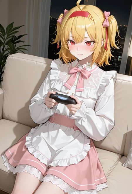 unholy-aesthetic, lazypos, very aesthetic, ultra detailed face, ultra detailed eyes,
<lora:kaelaIL:0.55> kaelaIL, medium hair, red eyes, (yellow hair:1.5), short twintail, slight blush, red headband, ahoge,
dynamic angle, cinematic angle,
1girl, solo, 
living room, holding controller, sitting on couch, serious face, playing game,
<lora:LovelyCatMaidILL:0.65> (pink skirt, maid dress, long sleeves, pink bow, apron, lace trim, hair bow, sleeves past wrists:1.2)