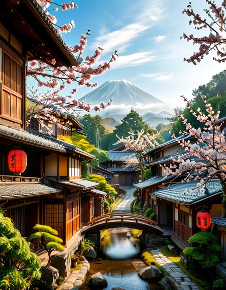 A picturesque traditional Japanese village nestled in a serene valley, surrounded by lush green mountains under a soft morning mist. The village consists of wooden houses with thatched roofs (gassho-zukuri style), showcasing intricate wooden details and sliding paper doors. A narrow stone-paved path winds through the village, leading to a small red torii gate at the entrance of a Shinto shrine. Cherry blossoms in full bloom line the streets, their pink petals gently falling in the breeze. A tranquil river flows through the village, crossed by an old wooden bridge with moss-covered stones. Villagers in traditional kimonos and straw hats go about their daily livesâan elderly man sweeping his porch, a woman carrying a basket of fresh produce, and children playing near a koi pond. The atmosphere is peaceful and nostalgic, with warm sunlight filtering through the trees, casting dappled shadows on the ground. The scene is rich in traditional Japanese aesthetics, evoking a sense of harmony and timeless beauty.
<lora:SDXLFaeTastic2400:0.4> <lora:extremely_detailed:0.4> extremely detailed,<lora:traditional_Japanese_v1ll4g3:1>,traditional Japanese v1ll4g3, Masterpiece,best quality,hi res,8k,hi res,8k,award winning,(sharp focus, intricate, highly detailed),