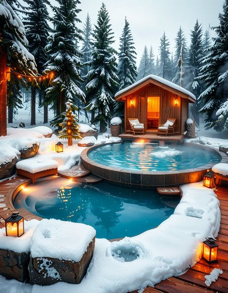 A breathtaking Nordic spa in the heart of a snowy forest, surrounded by tall evergreen trees. The scene captures a steaming outdoor hot pool with crystal-clear water, reflecting the soft glow of ambient lighting. A rustic wooden cabin with a snow-covered roof stands nearby, serving as a relaxation area. Wooden lounge chairs with neatly folded white towels are placed around the pool. A stone pathway, lightly dusted with snow, leads to the water, illuminated by warm, soft lanterns. A few people are seen enjoying the spa, some wrapped in cozy robes while others relax in the steaming water. The atmosphere is serene and tranquil, with mist rising from the hot pool, contrasting with the cold winter air. The lighting is warm and inviting, creating a perfect balance between natural beauty and luxurious comfort.
<lora:SDXLFaeTastic2400:0.4> <lora:extremely_detailed:0.4> extremely detailed, <lora:Nordic_sp4:1>,Nordic sp4, Masterpiece,best quality,hi res,8k,hi res,8k,award winning,(sharp focus, intricate, highly detailed),