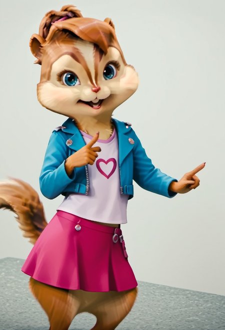 Score_9, score_8_up, score_7_up, source_furry, brittany miller, chipmunk, chipmunk girl, furry female, furry, 3d, render,  white background, standing tall,
I thought about it ,good image quality, hand gestures, wearing a pink skirt and pink T-shirt, blue denim jacket, realistic and lively look, 
<lora:Brittany_Miller__Alvin_and_the_Chipmunks__CG_Movie_version:0.8>