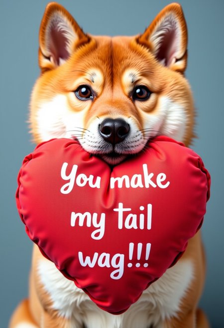 A shiba dog heart-shaped cushion in its mouth with the words “You make my tail wag!!!” written on it, aidmaTextImprover,
