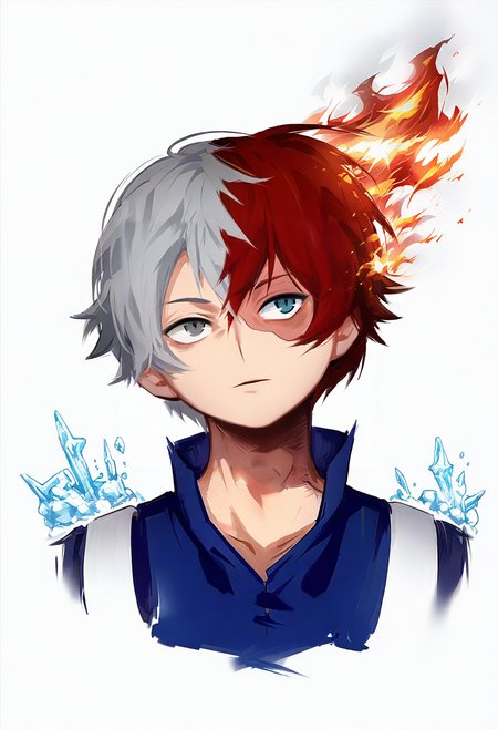 todoroki shouto, 1boy, male focus, red hair, burn scar, multicolored hair, scar, split-color hair, solo, two-tone hair, scar on face, heterochromia, white hair, white background, blue eyes, fire, portrait, grey eyes, looking at viewer, short hair, simple background, hair between eyes, bangs, ice, parted lips <lora:solaXL_NBVP1_lokr_V6311PZ:0.95>