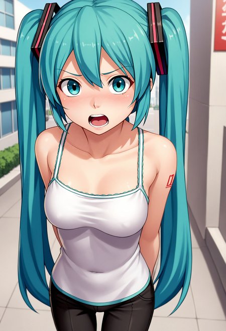 <lora:Hyper-SDXL-8steps-lora:1> <lora:Fixhands_anime_bdsqlsz_V1:1> zPDXL2, score_9, score_8_up, score_7_up, source_anime, intricate details, perfect anatomy BREAK
1girl, hatsune miku, (vocaloid:0.8), aqua hair, aqua eyes, 
dynamic angle, arms behind back, Disgusted, A wrinkled nose, raised upper lip, and a slightly open mouth.,, 
outdoors, city, tokyo, japan, 
<lora:artist-c01_XL(pony)v10:1>