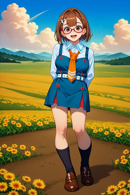 score_9, score_8_up, score_7_up, score_6_up, source_anime, 1girl, solo,  <lora:hitomichris-pdxl-nvwls-v1-000005:1> hitomichris, brown hair, short hair, brown eyes, hairclip, red glasses, white shirt, long sleeves, orange necktie, pinafore dress, blue dress, white belt, big breasts, black socks, brown shoes, full body, blue sky, field, hill, standing, arms behind back, happy, open mouth, clouds, wide shot