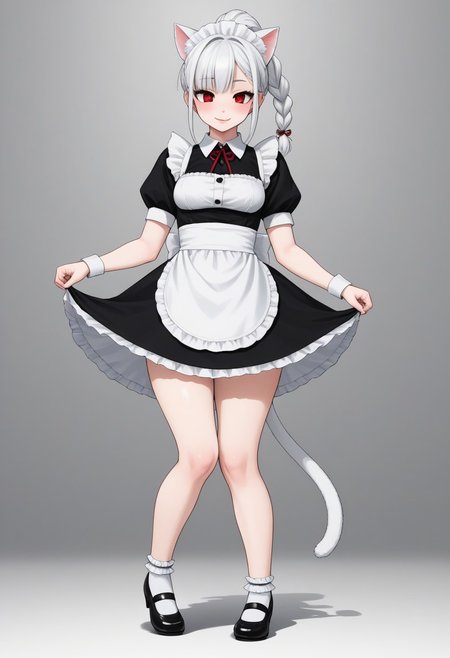 1girl, anime, Whirte hair, braid hair, bangs, ponytail, White cat ears, white cat tail,  white skin, small boobs, wide hips, maid outfit , ankle socks, red eyes, semi close eyes , smile, lipstick , blush easynegative,ng_deepnegative_v1_75t