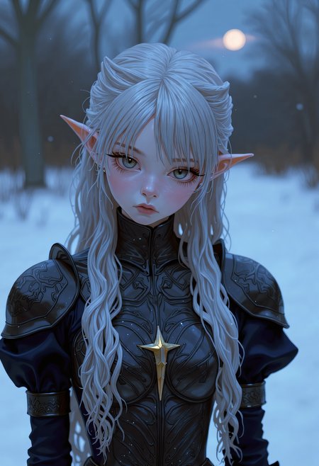 SWMS,Full body potrait, hyperrealistic detail, Rendered in a fusion of photorealism and digital surrealism, Beautiful surreal high fantasy portrait, A Female warrior with dark, ashen skin and long, long silver-white hair, intricate braids, black Armor and clothes, facing the viewer stands amidst snowflakes, ethereal and otherworldly presence, with sharp, elf-like ears and adorned in elaborate, dark armor with detailed engravings and metallic patterns. Her expression is somber and introspective as she sits quietly, her eyes are silver, in a cold and desolate landscape under a dim, moonlit sky. Her armor is very detailed with decorations, giving her an air of nobility, Real sharp photo, snowing, snowflakes in the air, blurred background, rose gold minerals, shiny aura, highly detailed, Kirnan Shipka, Januz Miralles, Hikari Shimoda, glowing stardust by W. Zelme. The overall effect is breathtaking and truly captivating, shimmering skin that glows like the night sky, long, hair adorned with tiny, glowing stars, deep, cosmic eyes, ethereal hues, mysterious and enchanting expression, dreamlike and mystical atmosphere, RAW candid cinema, 16mm, color graded portra 400 film, remarkable color, ultra realistic, textured skin, remarkable detailed pupils, realistic dull skin noise, visible skin detail, skin fuzz, dry skin, shot with cinematic camera, detailed skin texture, (blush:0.2), (goosebumps:0.3), subsurface scattering, detailed drawing   <lora:FLUX - SWMSF - Styles for FLUX ( detailed drawing, swms ):1> <lora:FLUX - Surreal_Photo (Glitter):0.6>