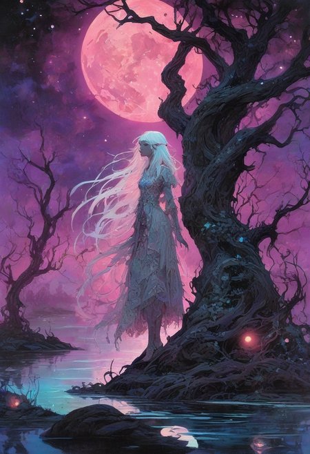 CreepyCuteMagical,   A moonlit swamp where the water glows a neon blue, reflecting the stars above. A mysterious girl with luminous white hair sits on a rock, her eyes wide and otherworldly. Her dress is tattered but shimmers with enchanted patterns, like constellations come to life. Around her, glowing frogs and eerie flowers bloom, their colors shifting between bright pinks and purples. In the distance, skeletal trees twist toward the sky, and strange shapes ripple under the waterâs surface. The scene is hauntingly beautiful, with soft mist and gentle glowing lights creating a dreamy, eerie atmosphere.